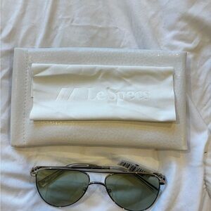 Le Specs Silver Metal Aviator Sunglasses with Green Lenses